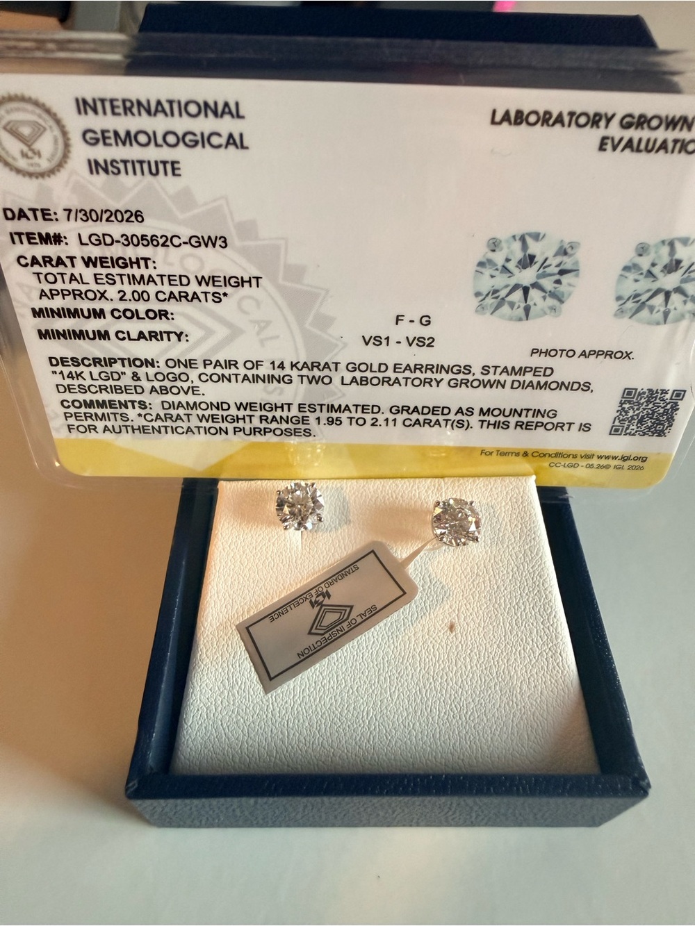 IGI 2.00 CTW Lab Grown Diamond Stud Earrings 14K Gold F-G VS1-VS2 NWT